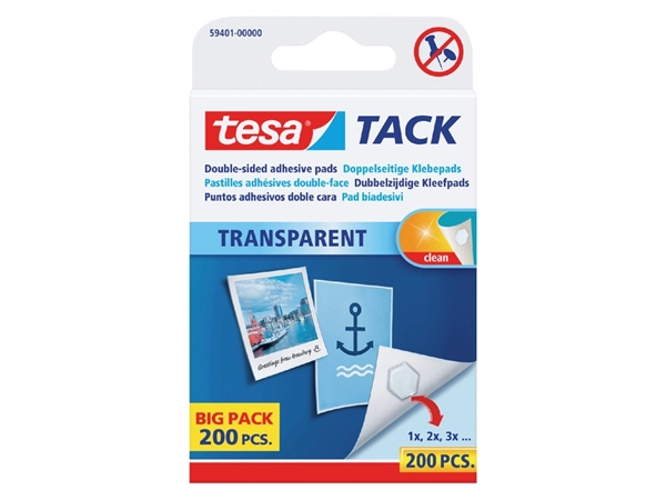 Een Kleefpads tesa® TACK dubbelzijdig transparant 200 stuks 200 stuks koop je bij Hoekmankantoorartikelen.nl