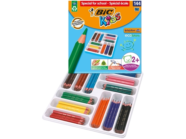 Een Kleurpotloden BicKids Evolution ecolutions assorti schoolbox à 144 stuks koop je bij VHK Kantoorartikelen