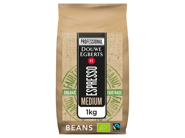 Een Koffie Douwe Egberts espresso bonen medium roast Organic en Fairtrade 1kg koop je bij VHK Kantoorartikelen