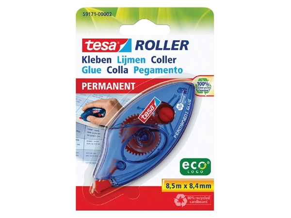 Een Lijmroller tesa® ecoLogo® permanent wegwerp op blister koop je bij VHK Kantoorartikelen