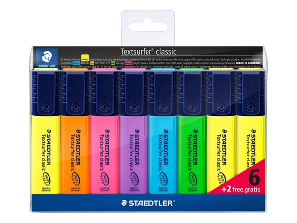 Een Markeerstift Staedtler 364 Textsurfer set à 6 stuks assorti + 2 geel gratis koop je bij VHK Kantoorartikelen