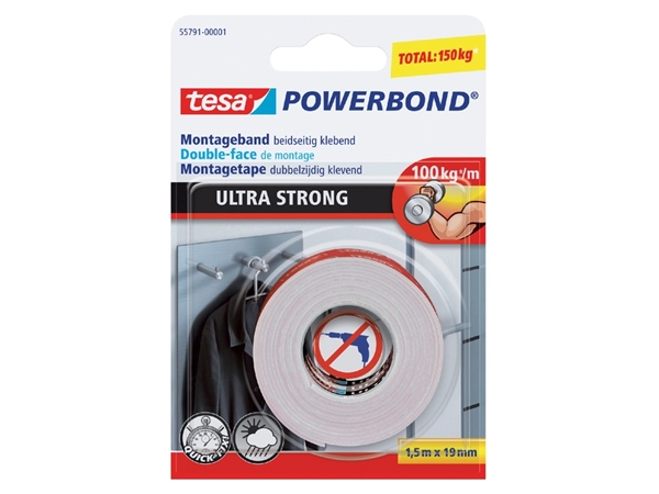 Een Plakband tesa® Powerbond Ultra Strong dubbelzijdig 1,5mx19mm wit koop je bij VHK Kantoorartikelen