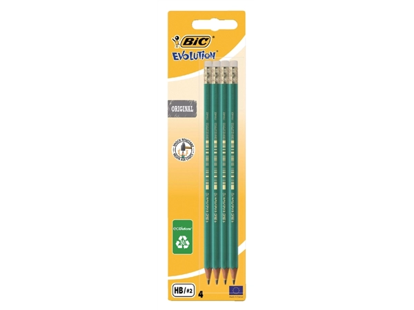 Een Potlood Bic Evolution ecolutions zeshoekig HB met gumtop blister à 4 stuks koop je bij VHK Kantoorartikelen