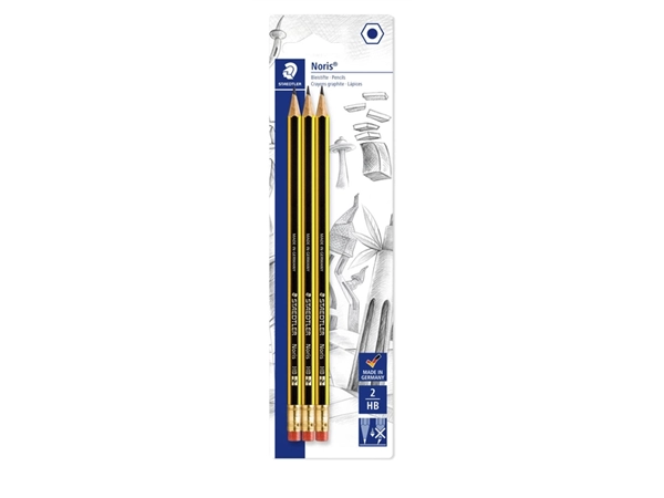 Een Potlood Staedtler Noris HB blister à 3 stuks koop je bij VHK Kantoorartikelen