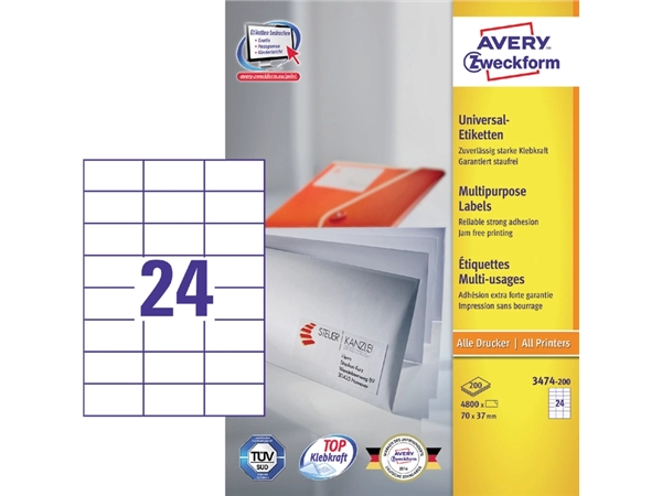 Een Etiket Avery Zweckform 3474-200 70x37mm wit 4800stuks koop je bij VHK Kantoorartikelen