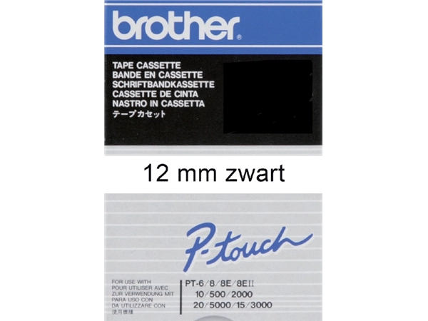 Een Labeltape Brother P-touch TC-201 standaard 12mm zwart op wit koop je bij Hoekmankantoorartikelen.nl