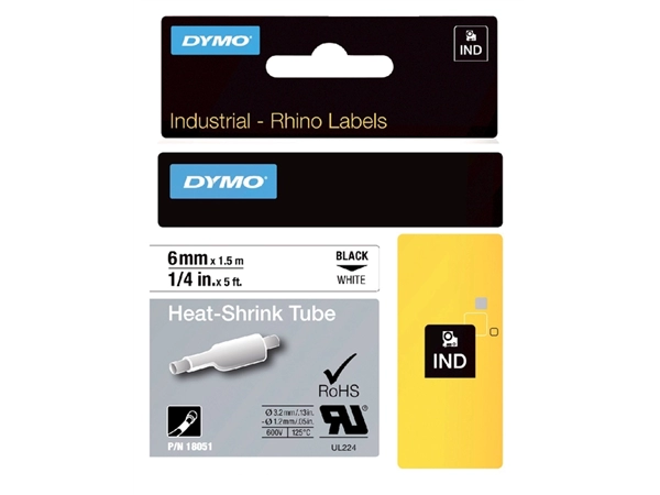 Een Labeltape Dymo Rhino industrieel krimpkous 6mm zwart op wit koop je bij VHK Kantoorartikelen