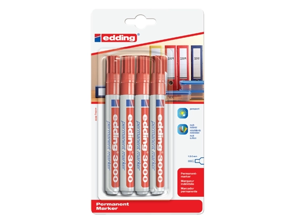 Een Viltstift edding 3000 rond 1.5-3mm rood blister à 4 stuk koop je bij VHK Kantoorartikelen