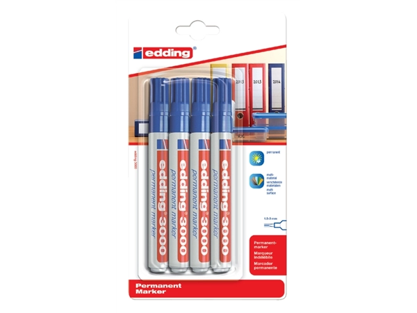 Een Viltstift edding 3000 rond 1.5-3mm blauw blister à 4 stuks koop je bij VHK Kantoorartikelen