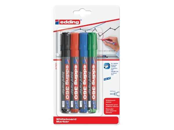 Een Viltstift edding 360 whiteboard rond 1.5-3mm assorti blister à 4 stuks koop je bij VHK Kantoorartikelen