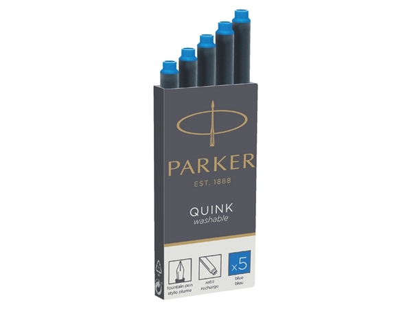 Een Inktpatroon Parker Quink uitwasbaar koningsblauw pak à 5 stuks koop je bij VHK Kantoorartikelen