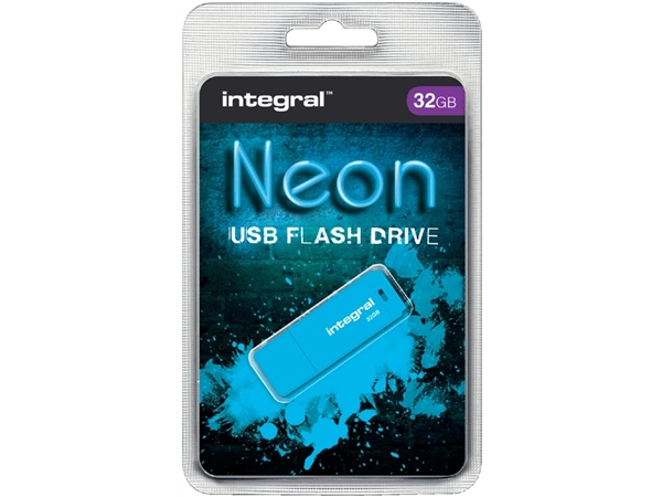 Een USB-stick 2.0 Integral 32GB neon blauw koop je bij Continu Kantoor