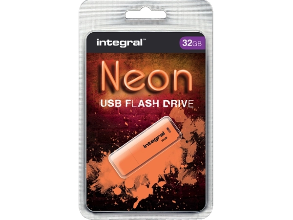 Een USB-stick 2.0 Integral 32GB neon oranje koop je bij Continu Kantoor