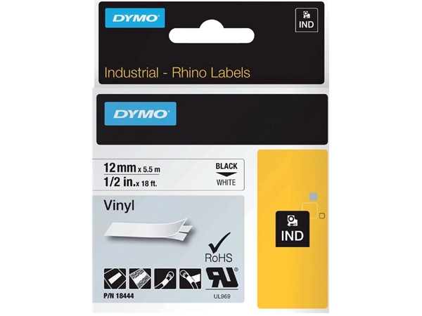 Een Labeltape Dymo Rhino industrieel vinyl 12mm zwart op wit koop je bij VHK Kantoorartikelen