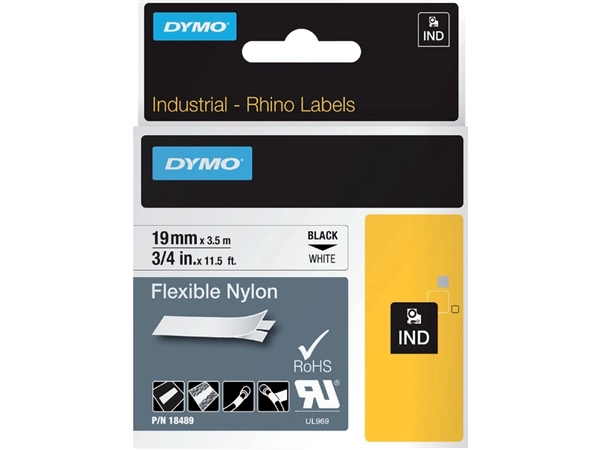 Een Labeltape Dymo Rhino industrieel nylon 19mm zwart op wit koop je bij VHK Kantoorartikelen