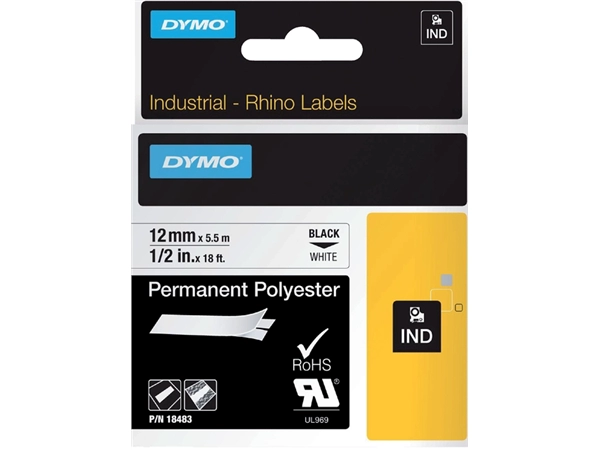 Een Labeltape Dymo Rhino industrieel polyester 12mm zwart op wit koop je bij VHK Kantoorartikelen