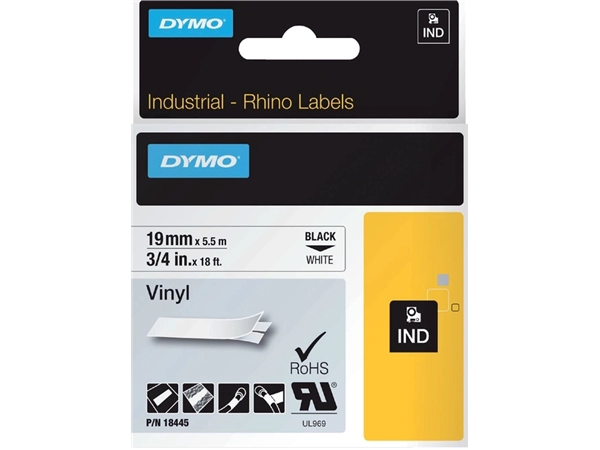 Een Labeltape Dymo Rhino industrieel vinyl 19mm zwart op wit koop je bij VHK Kantoorartikelen