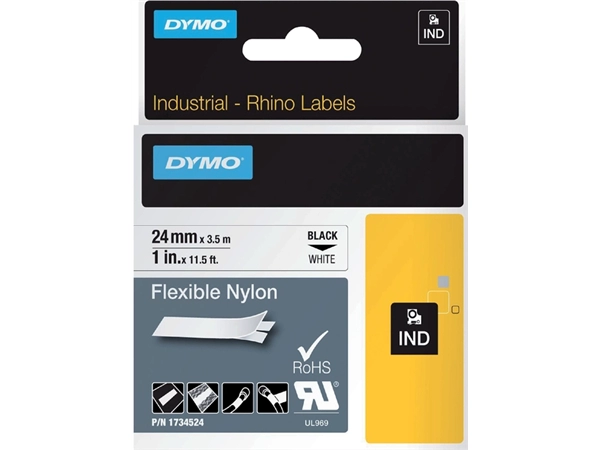 Een Labeltape Dymo Rhino industrieel nylon 24mm zwart op wit koop je bij VHK Kantoorartikelen