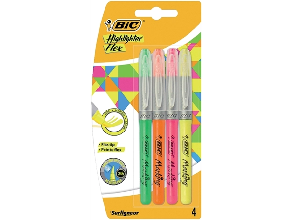 Een Markeerstift Bic flex assorti blister à 4 stuks koop je bij VHK Kantoorartikelen