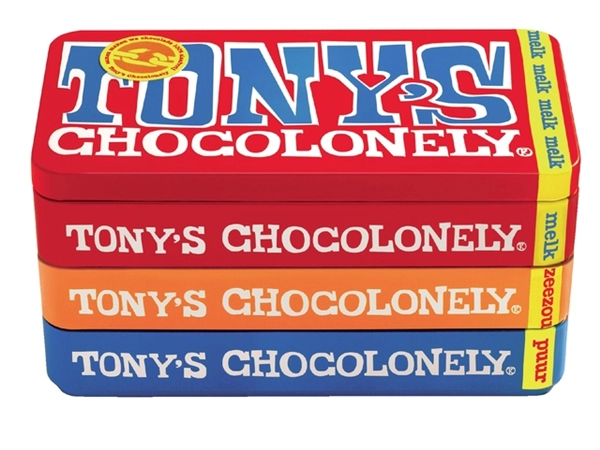 Een Chocolade Tony's Chocolonely puur-melk en karamel zeezout blik 540gr koop je bij VHK Kantoorartikelen