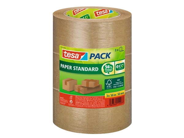 Een Verpakkingstape tesapack® Papier Standard ecoLogo 50mx50mm bruin bundel 3 rollen koop je bij Hoekmankantoorartikelen.nl