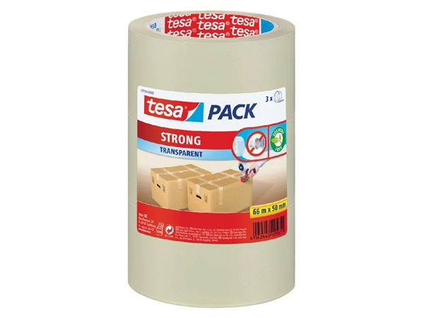 Een Verpakkingstape tesapack® Strong 66mx50mm PP transparant 3 rollen koop je bij VHK Kantoorartikelen