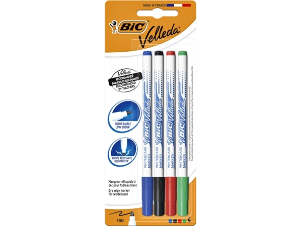 Een Viltstift Bic Velleda 1721 whiteboard rond fijn assorti blister à 4 stuks koop je bij VHK Kantoorartikelen