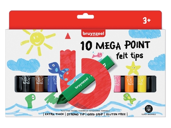 Een Viltstift Bruynzeel Kids mega point blister à 10 stuks assorti koop je bij VHK Kantoorartikelen