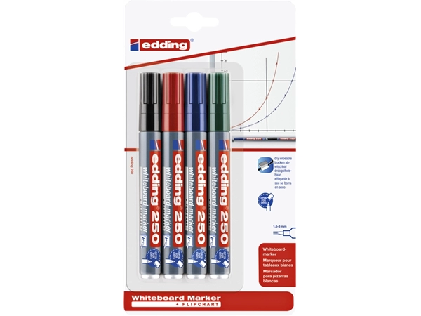 Een Viltstift edding 250 whiteboard rond 1.5-3mm assorti blister à 4 stuks koop je bij VHK Kantoorartikelen