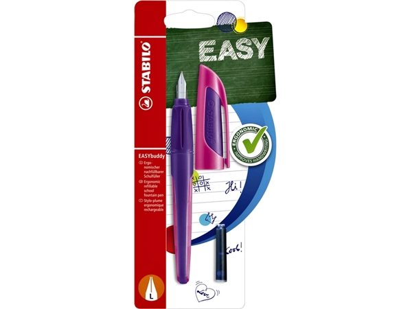 Een Vulpen STABILO Easybuddy linkshandig medium paars/magenta blister à 1 stuk koop je bij Hoekmankantoorartikelen.nl