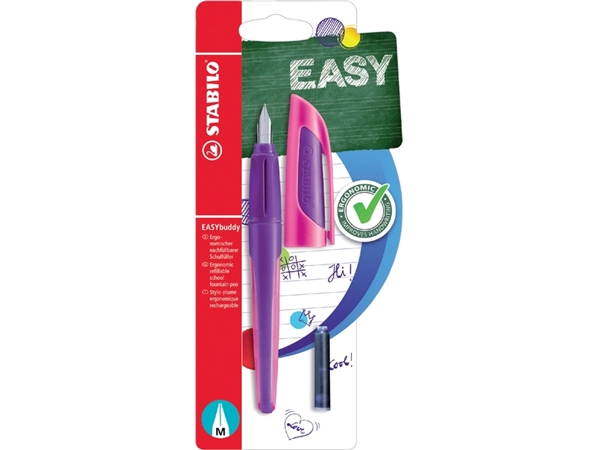 Een Vulpen STABILO Easybuddy rechtshandig medium paars/magenta blister à 1 stuk koop je bij VHK Kantoorartikelen