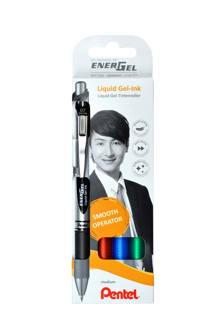 Een Gelschrijver Pentel BL77 Energel medium zwart-rood-blauw-groen blister à 4 stuks koop je bij Hoekmankantoorartikelen.nl