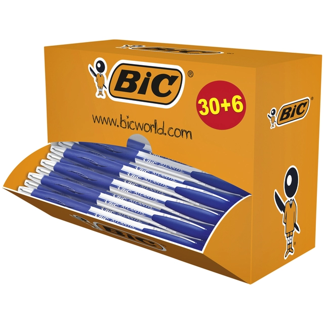 Een Balpen Bic Atlantis classic grip clic medium blauw valuepack 30+6 gratis koop je bij VHK Kantoorartikelen