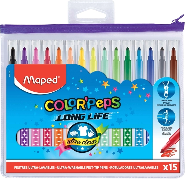 Een Viltstift Maped Color'Peps Long Life set á 15 kleuren koop je bij VHK Kantoorartikelen