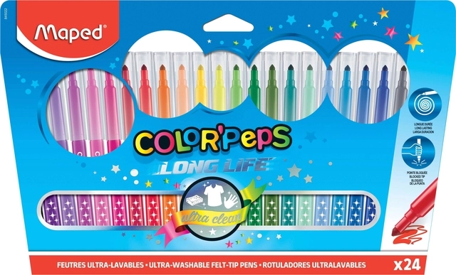 Een Viltstift Maped Color'Peps Long Life set á 24 kleuren koop je bij VHK Kantoorartikelen