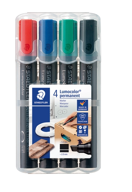 Een Viltstift Staedtler Lumocolor 350 permanent schuin set à 4 stuks assorti koop je bij VHK Kantoorartikelen