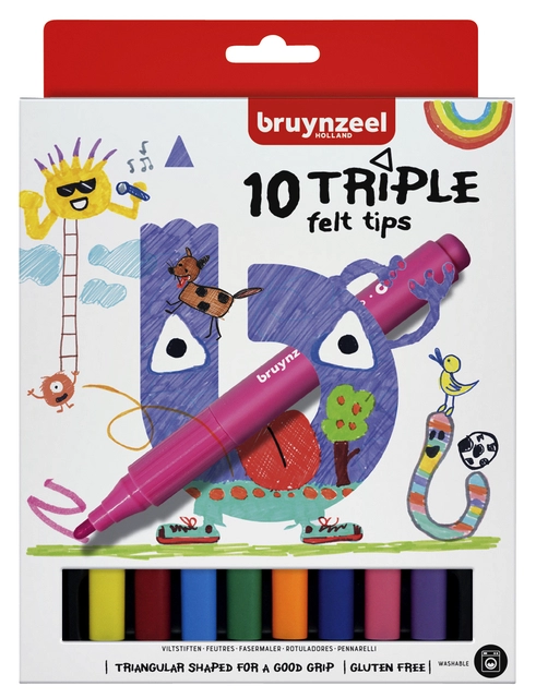 Een Viltstift Bruynzeel Kids Triple blister à 10 stuks assorti koop je bij Hoekmankantoorartikelen.nl