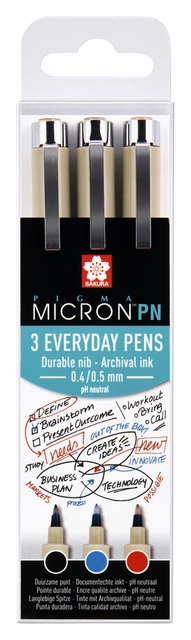 Een Fineliner Sakura pigma micron 0.4mm blister à 3 stuks assorti koop je bij VHK Kantoorartikelen