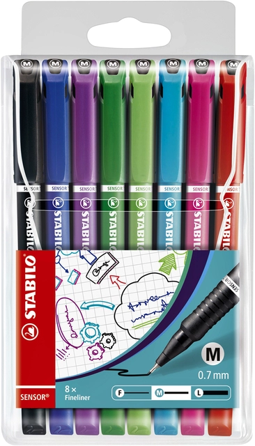 Een Fineliner STABILO Sensor 187/8 medium assorti etui à 8 stuks koop je bij Hoekmankantoorartikelen.nl