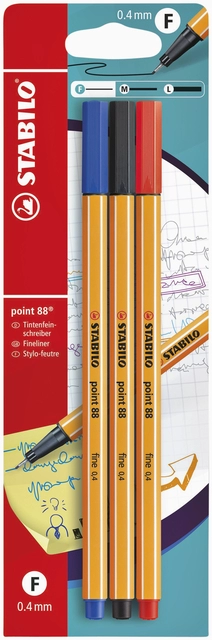 Een Fineliner STABILO point 88/3 fijn assorti blister à 3 stuks koop je bij Hoekmankantoorartikelen.nl