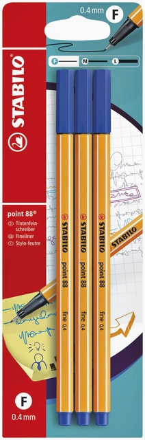 Een Fineliner STABILO point 88 fijn blauw blister à 3 stuks koop je bij VHK Kantoorartikelen