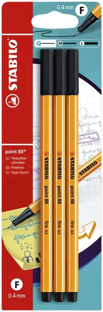 Een Fineliner STABILO point 88 fijn zwart blister à 3 stuks koop je bij Hoekmankantoorartikelen.nl