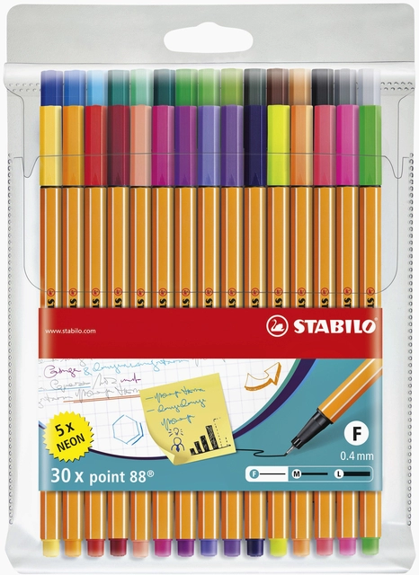 Een Fineliner STABILO point 88/30 fijn assorti etui à 30 stuks koop je bij VHK Kantoorartikelen