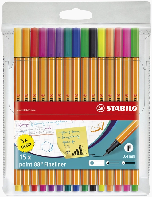 Een Fineliner STABILO point 88/15 fijn assorti etui à 15 stuks koop je bij VHK Kantoorartikelen