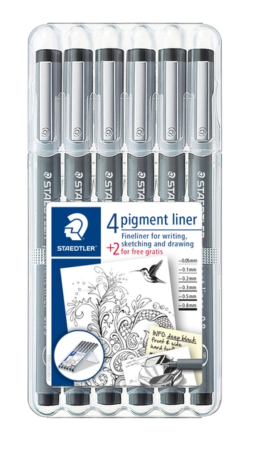 Een Fineliner Staedtler Pigment 308 zwart set 4+2 gratis koop je bij Hoekmankantoorartikelen.nl