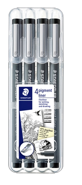 Een Fineliner Staedtler Pigment 308 zwart set 4 stuks koop je bij Hoekmankantoorartikelen.nl