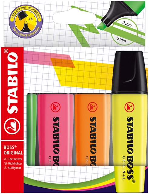 Een Markeerstift STABILO BOSS Original 70/4 assorti etui à 4 stuks koop je bij VHK Kantoorartikelen