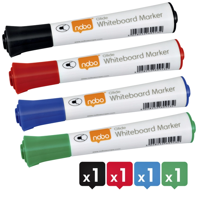 Een Viltstift Nobo whiteboard Glide rond assorti 3mm 4st koop je bij VHK Kantoorartikelen