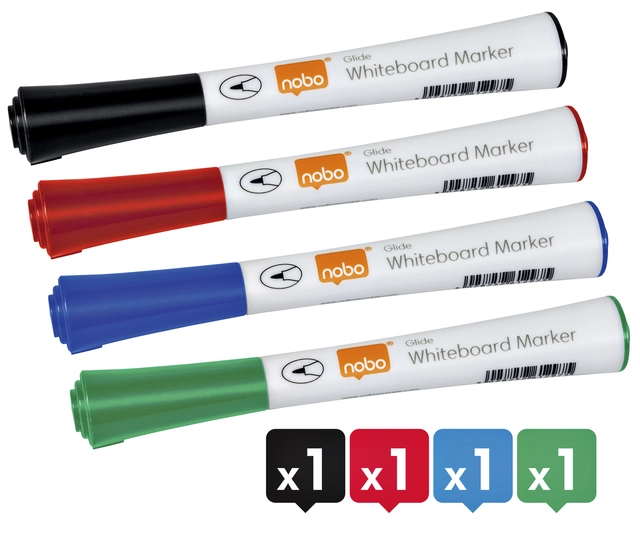 Een Viltstift Nobo whiteboard Glide rond assorti 1mm 4st koop je bij VHK Kantoorartikelen