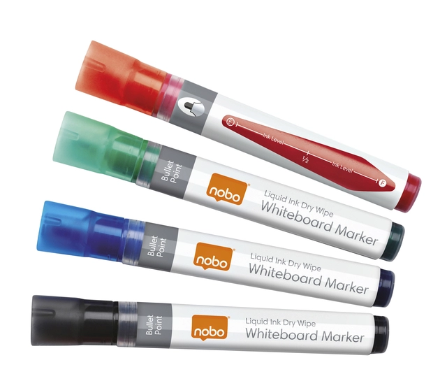 Een Viltstift Nobo whiteboard Liquid ink rond assorti 3mm 4st koop je bij VHK Kantoorartikelen